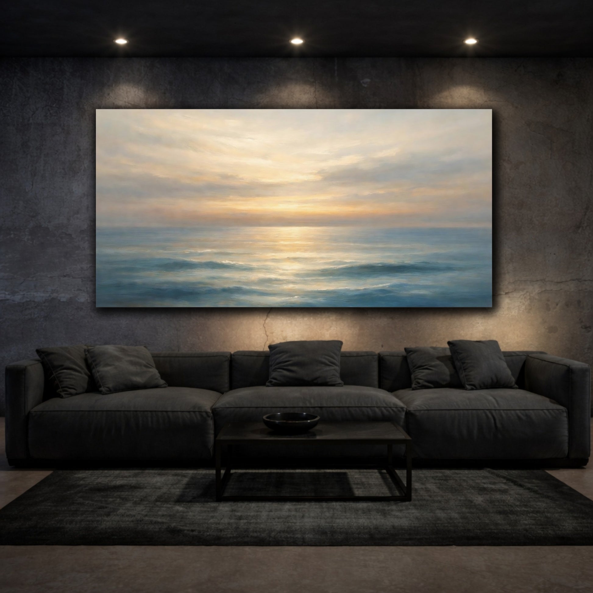 Mockup 2. Nature Ocean Sunset Blue And Gold Sunset shown as stretched canvas wall art