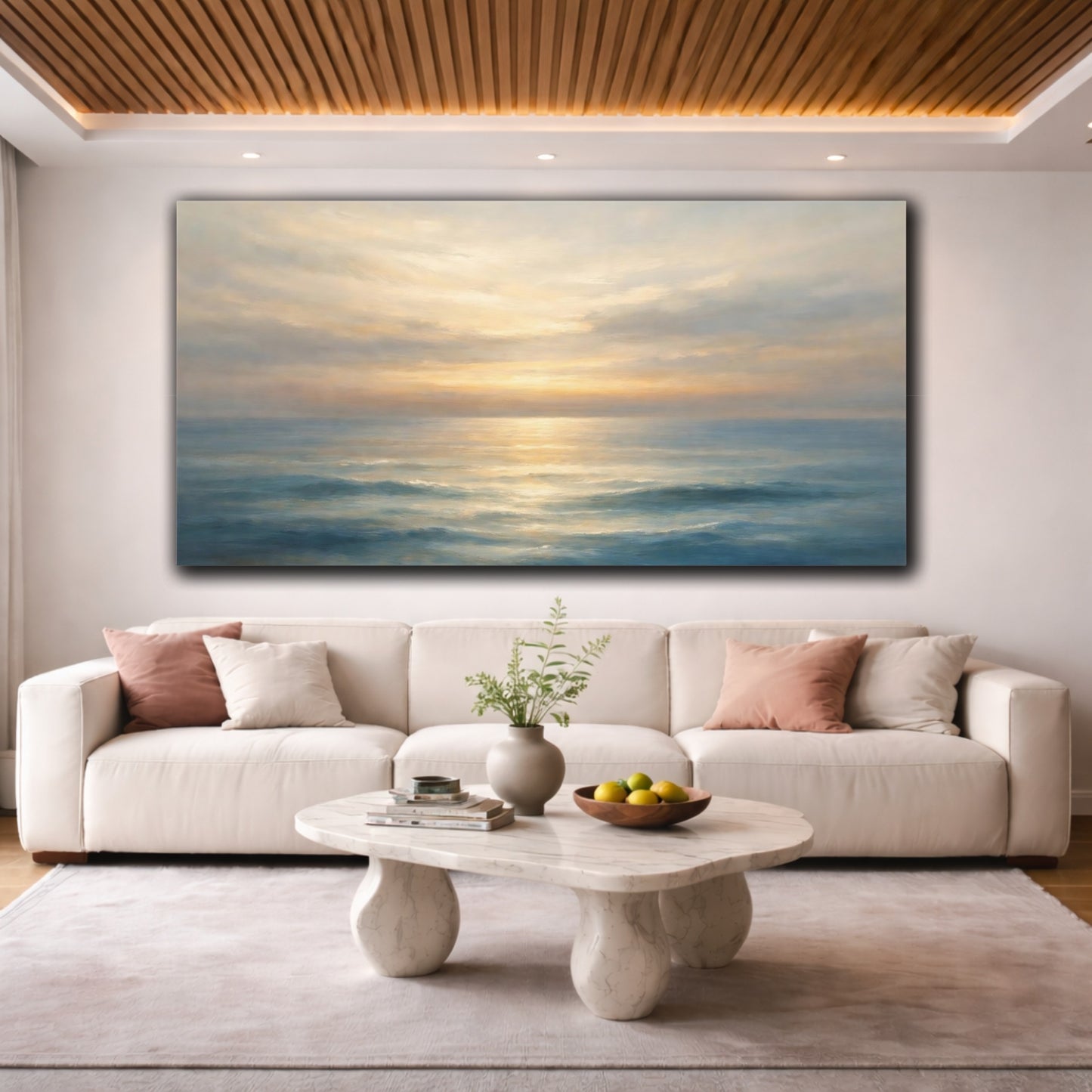 Mockup 3. Nature Ocean Sunset Blue And Gold Sunset shown as stretched canvas wall art