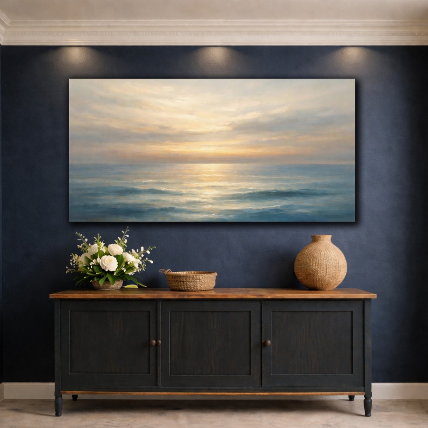 Mockup 4. Nature Ocean Sunset Blue And Gold Sunset shown as stretched canvas wall art