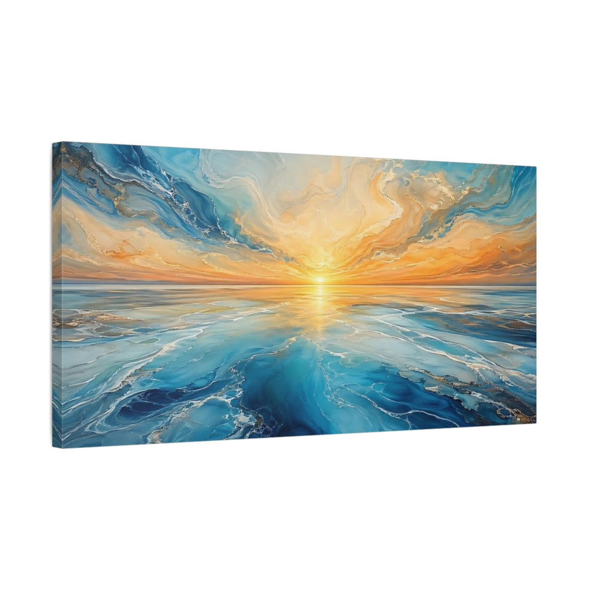 Side Mockup 1. Nature Ocean Sunset Blue And Orange Sunset shown as stretched canvas wall art