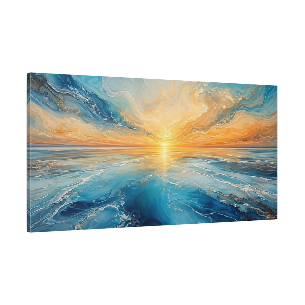 Side Mockup 2. Nature Ocean Sunset Blue And Orange Sunset shown as stretched canvas wall art