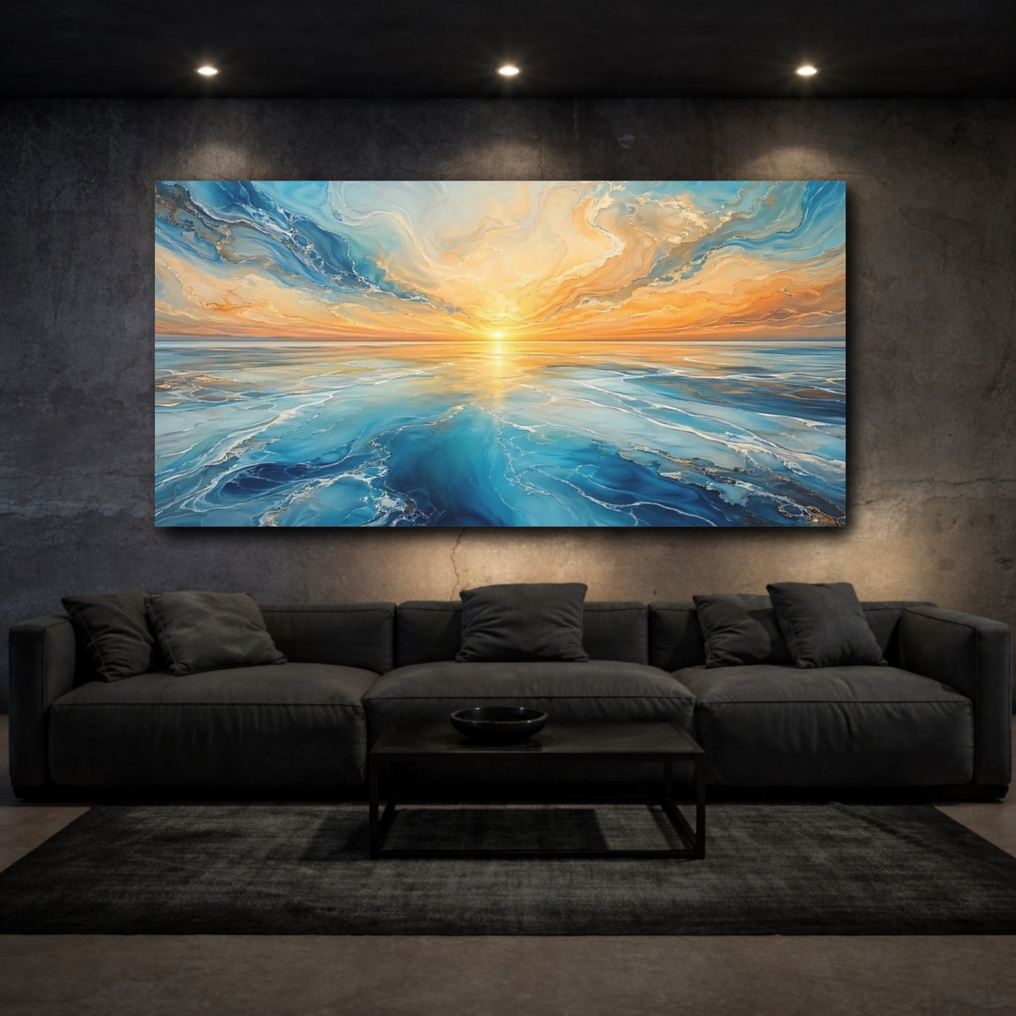 Mockup 2. Nature Ocean Sunset Blue And Orange Sunset shown as stretched canvas wall art