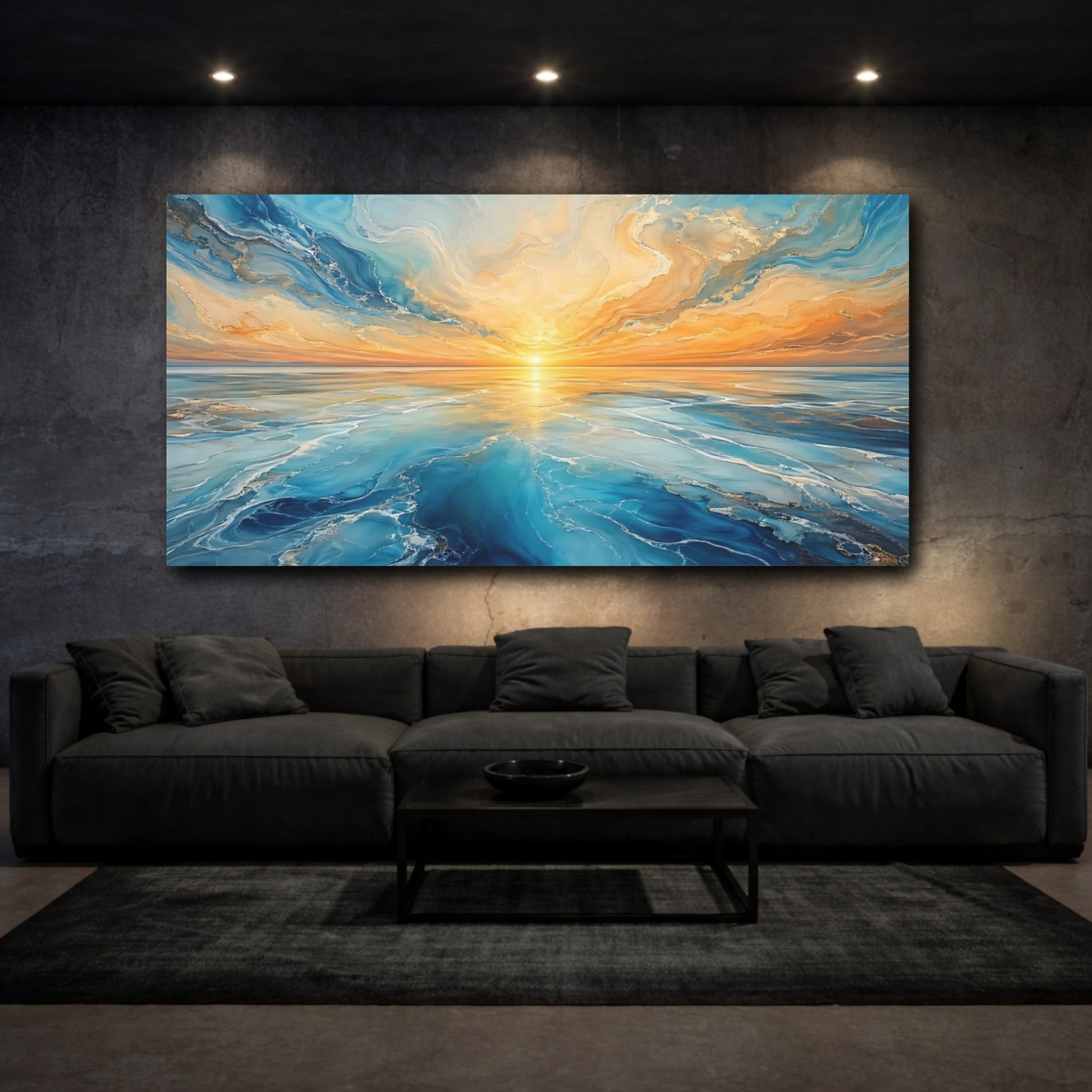 Mockup 2. Nature Ocean Sunset Blue And Orange Sunset shown as stretched canvas wall art