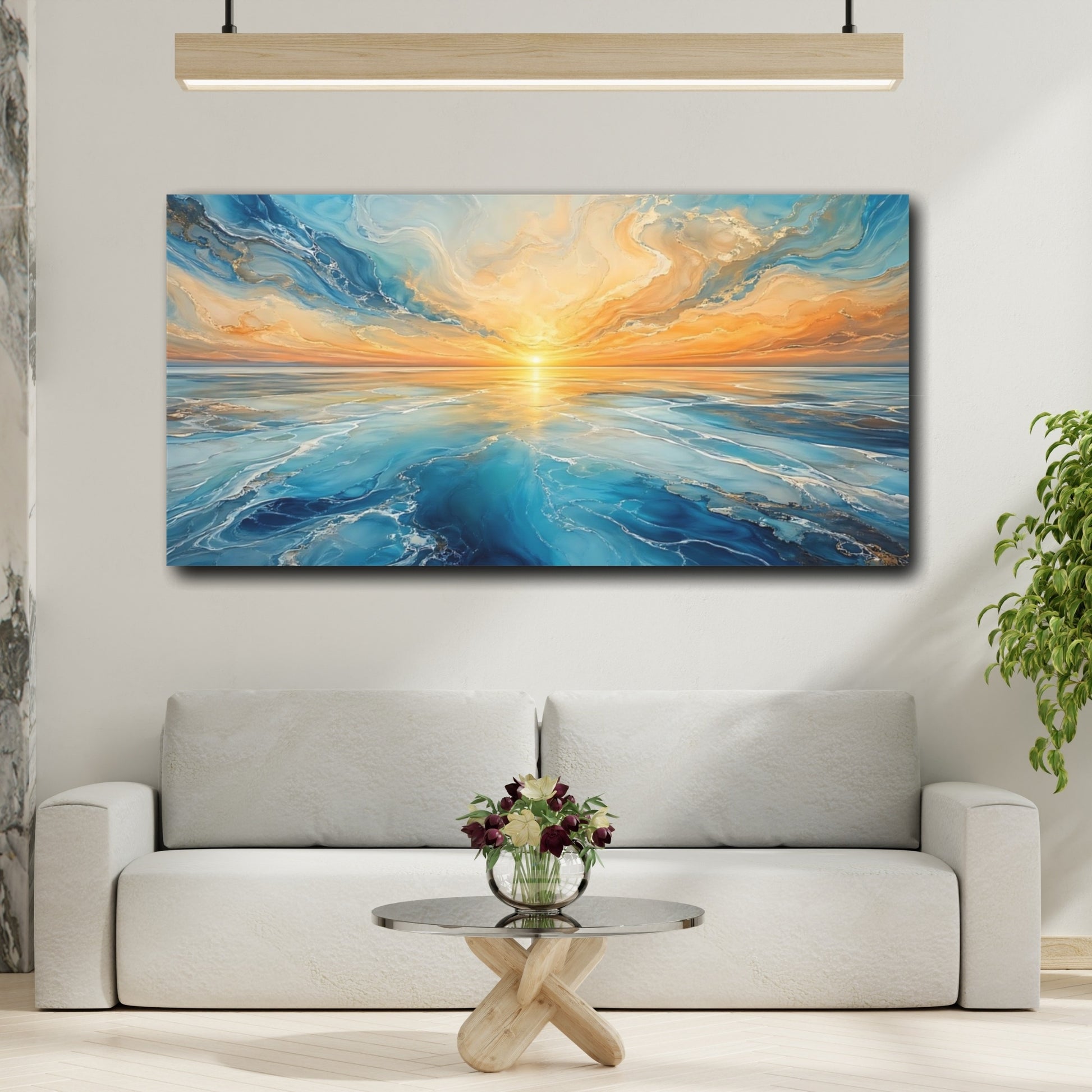 Mockup 3. Nature Ocean Sunset Blue And Orange Sunset shown as stretched canvas wall art