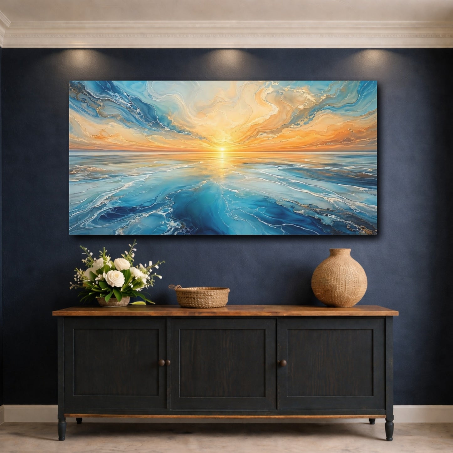 Mockup 4. Nature Ocean Sunset Blue And Orange Sunset shown as stretched canvas wall art