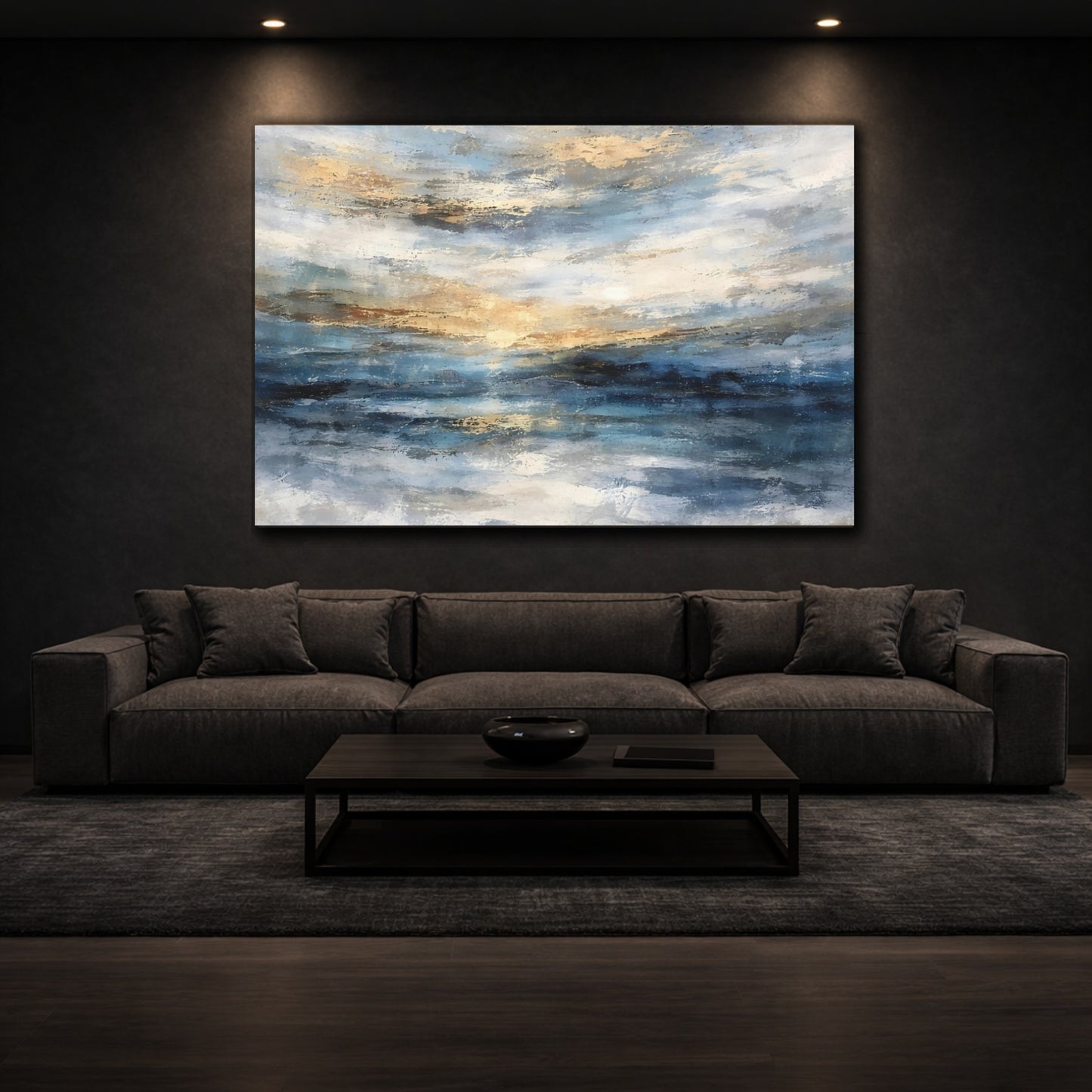 Nature Ocean Sunset Blue Gold Abstract shown as front canvas room wall art