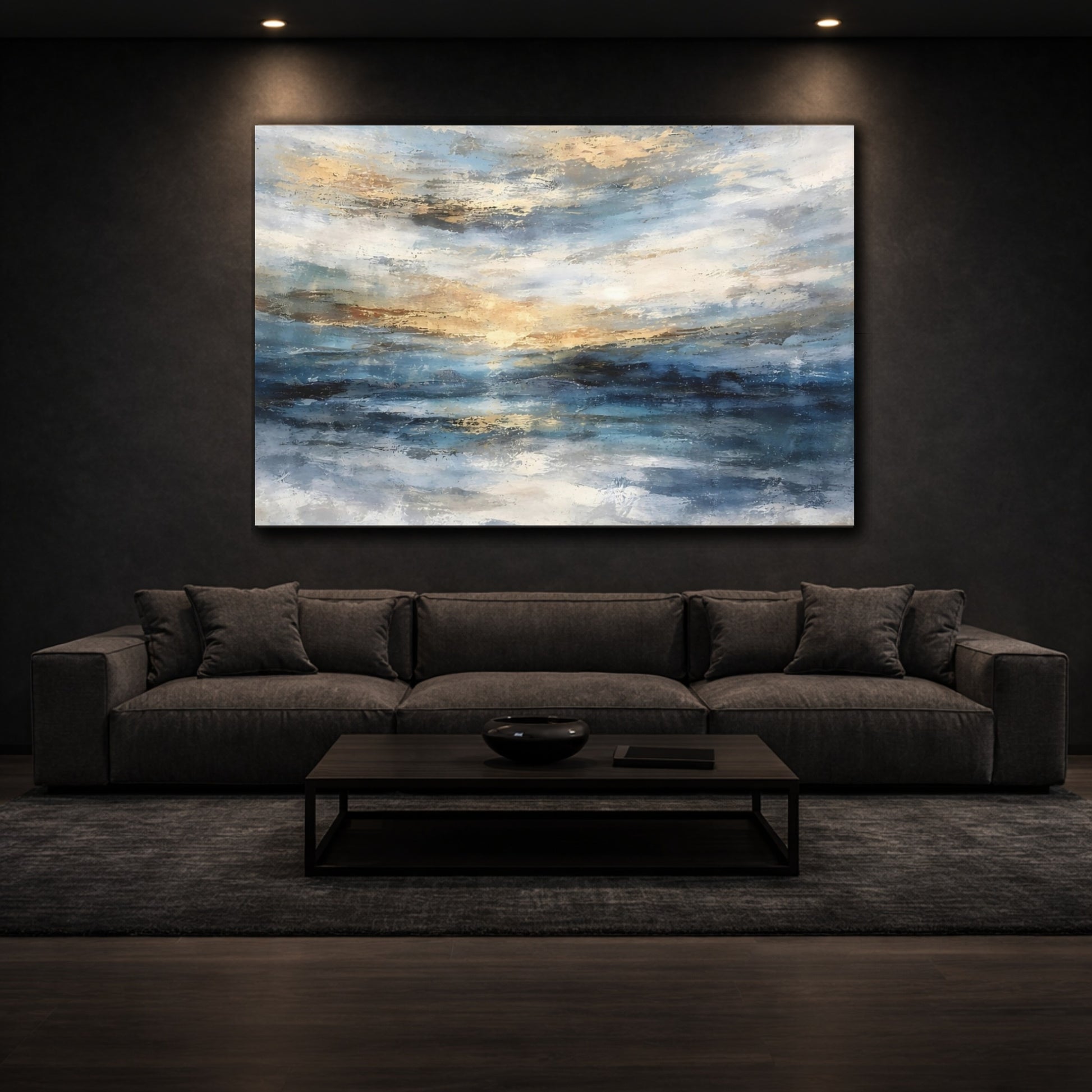 Nature Ocean Sunset Blue Gold Abstract shown as front canvas room wall art