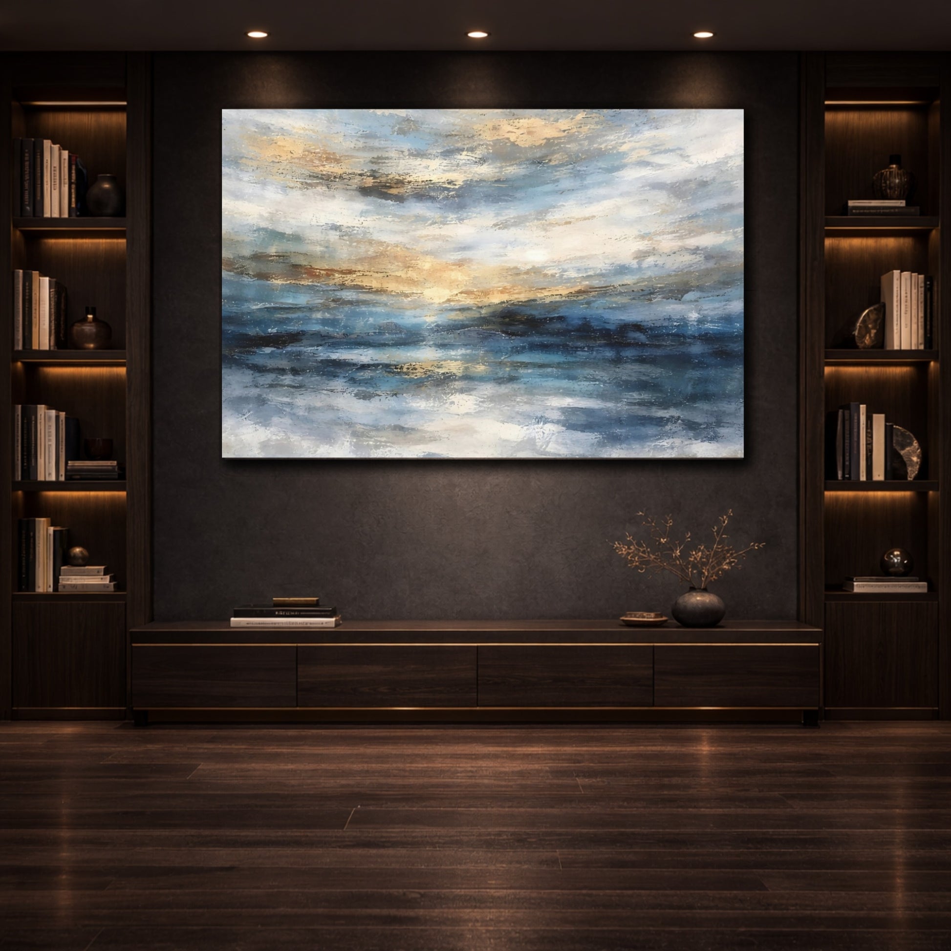 Nature Ocean Sunset Blue Gold Abstract shown as front canvas room wall art