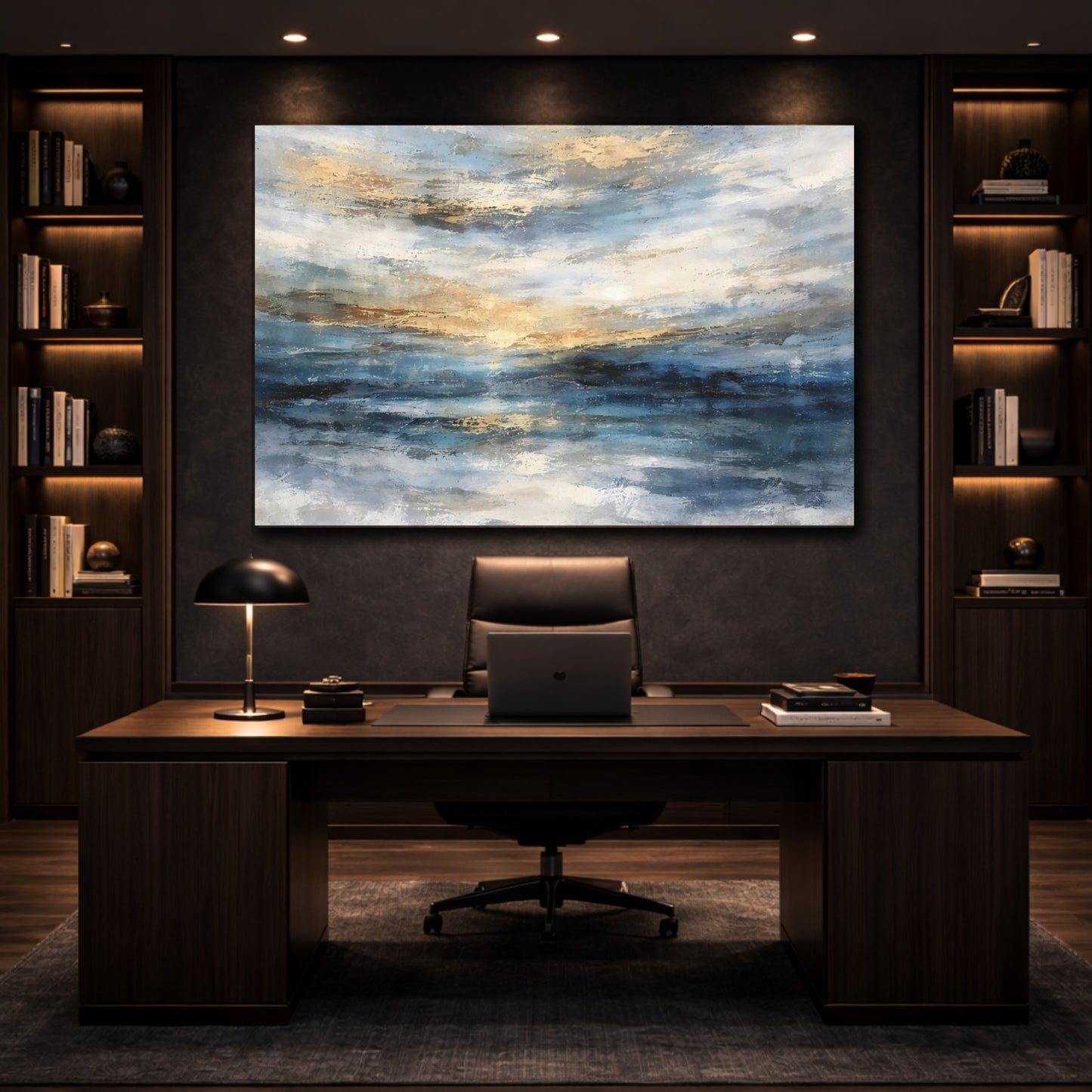 Nature Ocean Sunset Blue Gold Abstract shown as front canvas room wall art