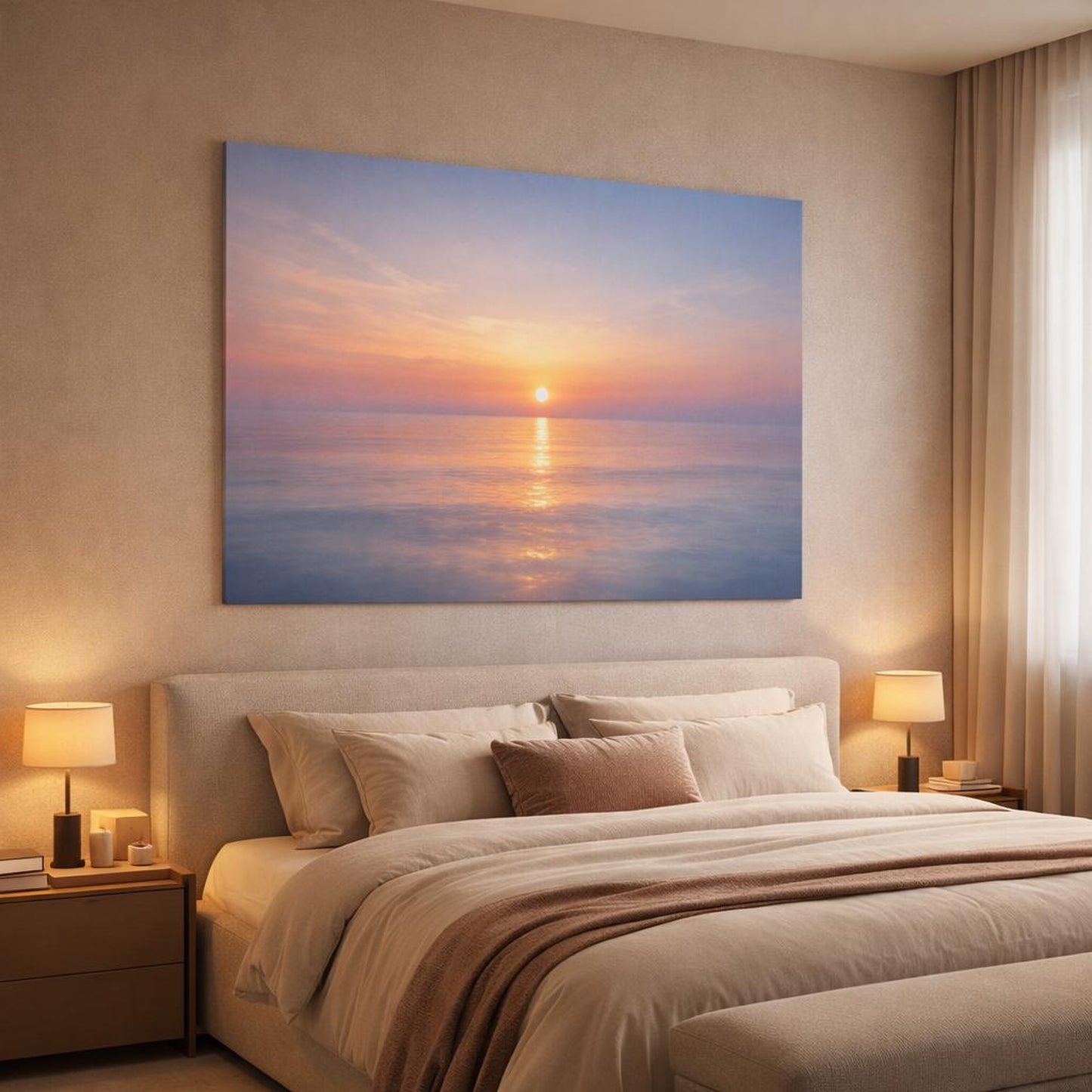 Nature Ocean Sunset shown as canvas wall art in a luxury bedroom