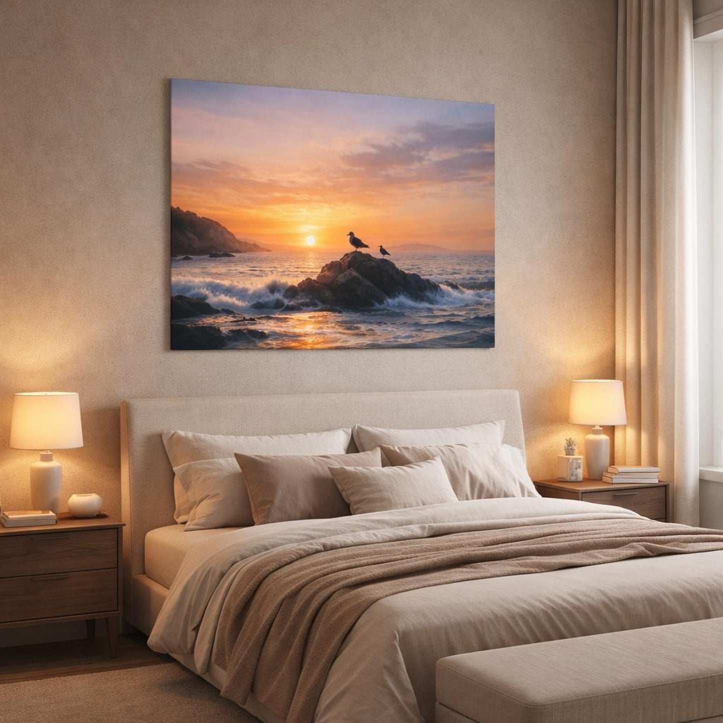Nature Ocean Sunset shown as canvas wall art in a luxury bedroom