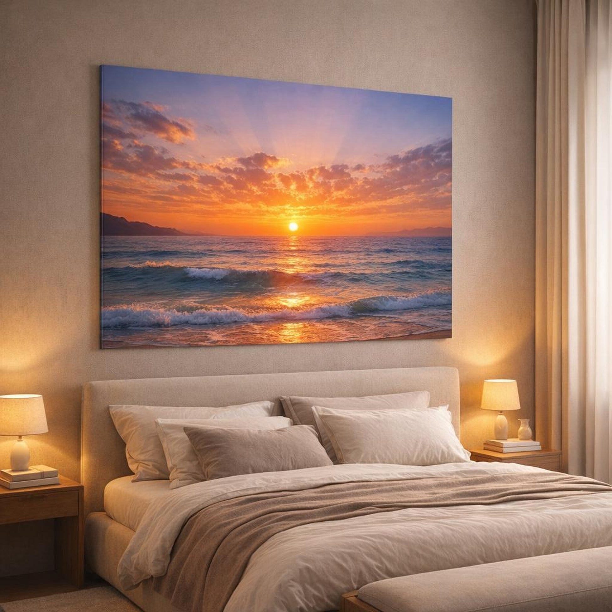 Nature Ocean Sunset shown as canvas wall art in a luxury bedroom