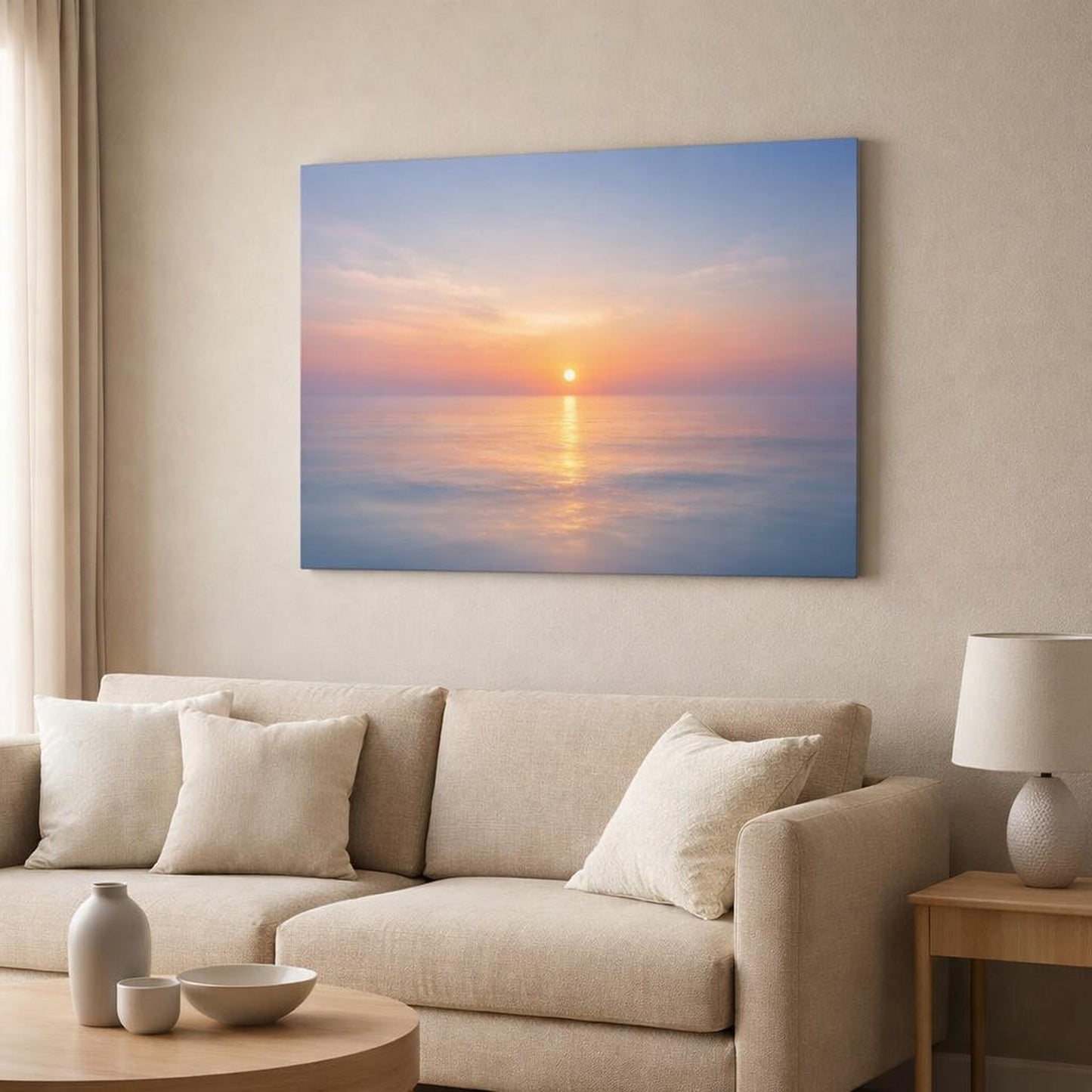 Nature Ocean Sunset shown as canvas wall art in a modern living room