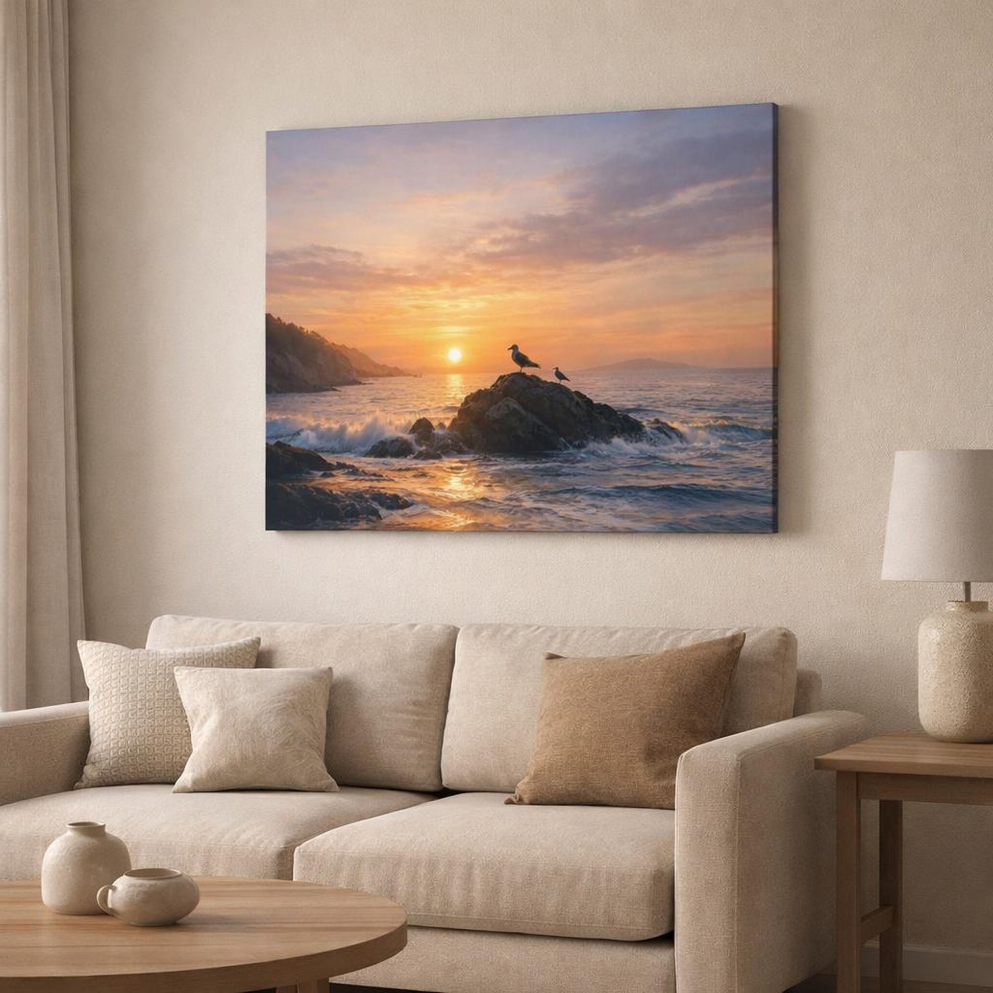 Nature Ocean Sunset shown as canvas wall art in a modern living room