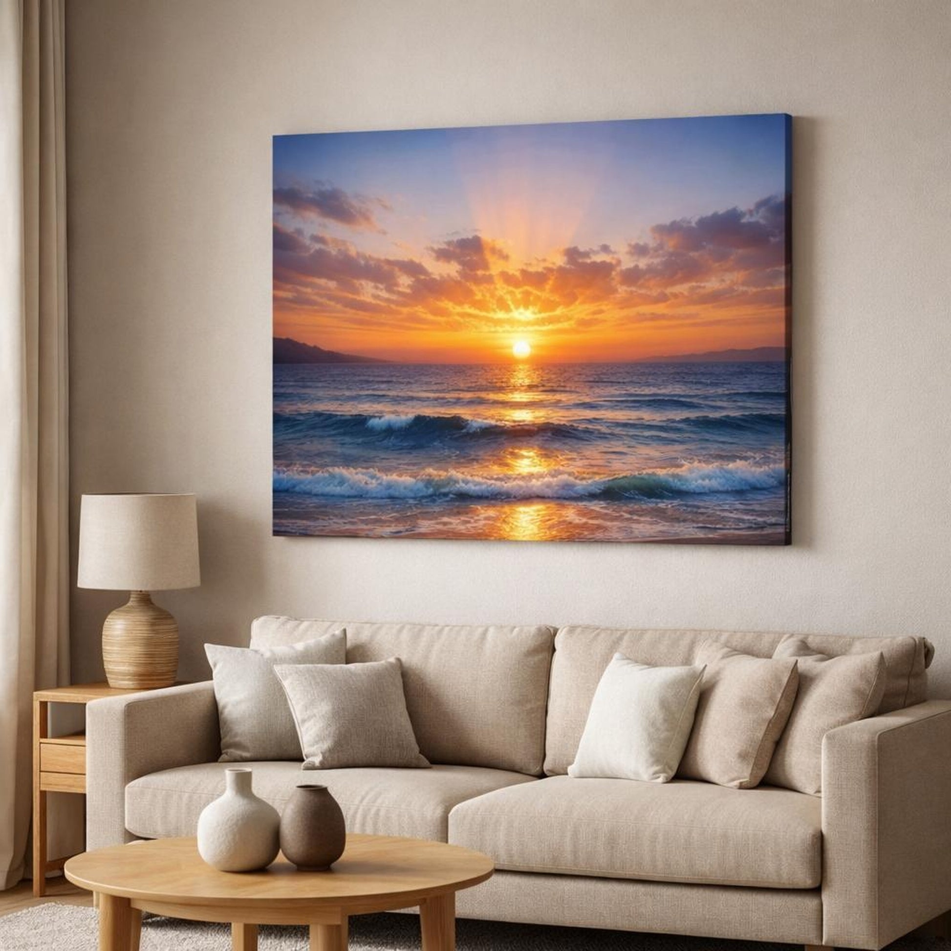 Nature Ocean Sunset shown as canvas wall art in a modern living room