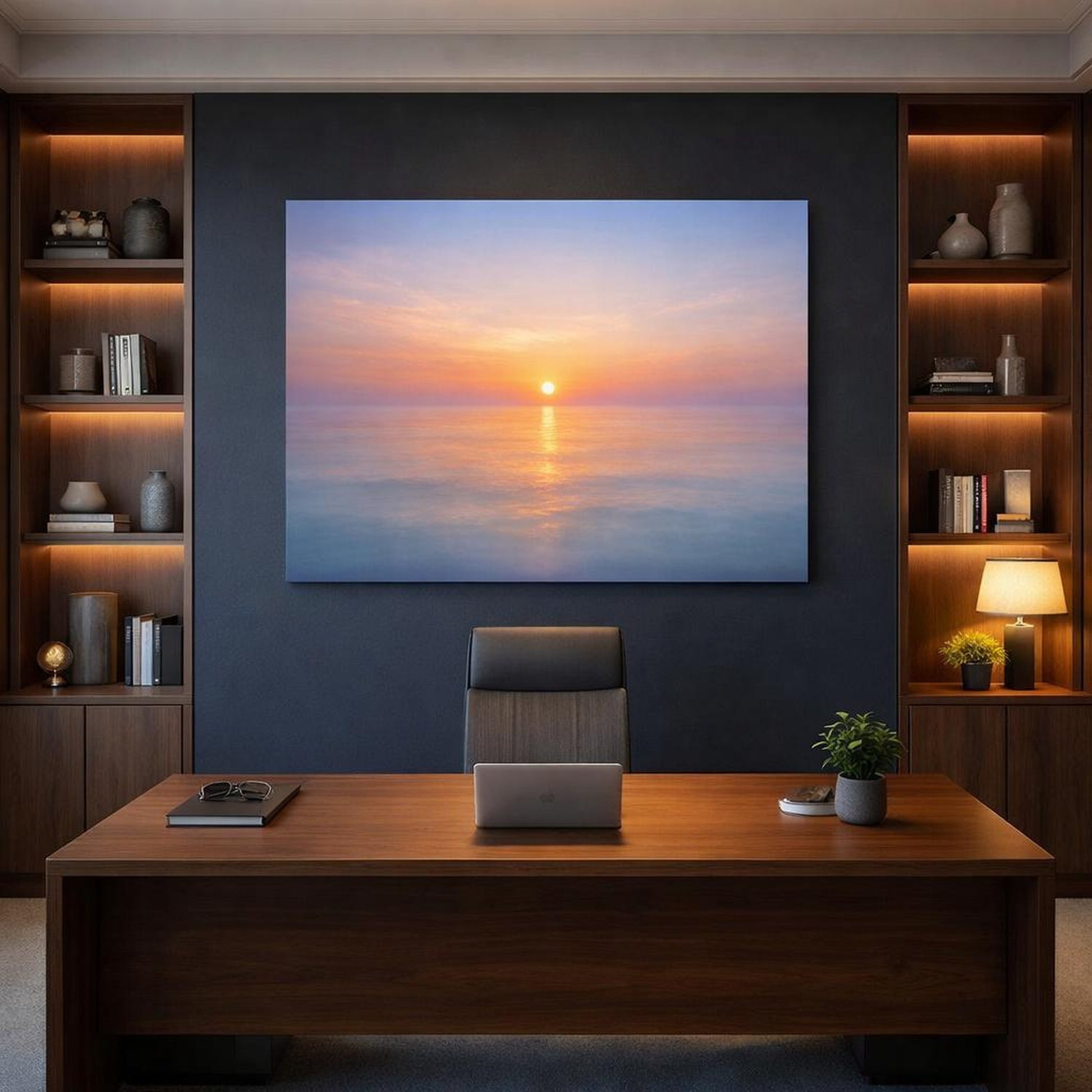 Nature Ocean Sunset shown as canvas wall art in a luxury executive office