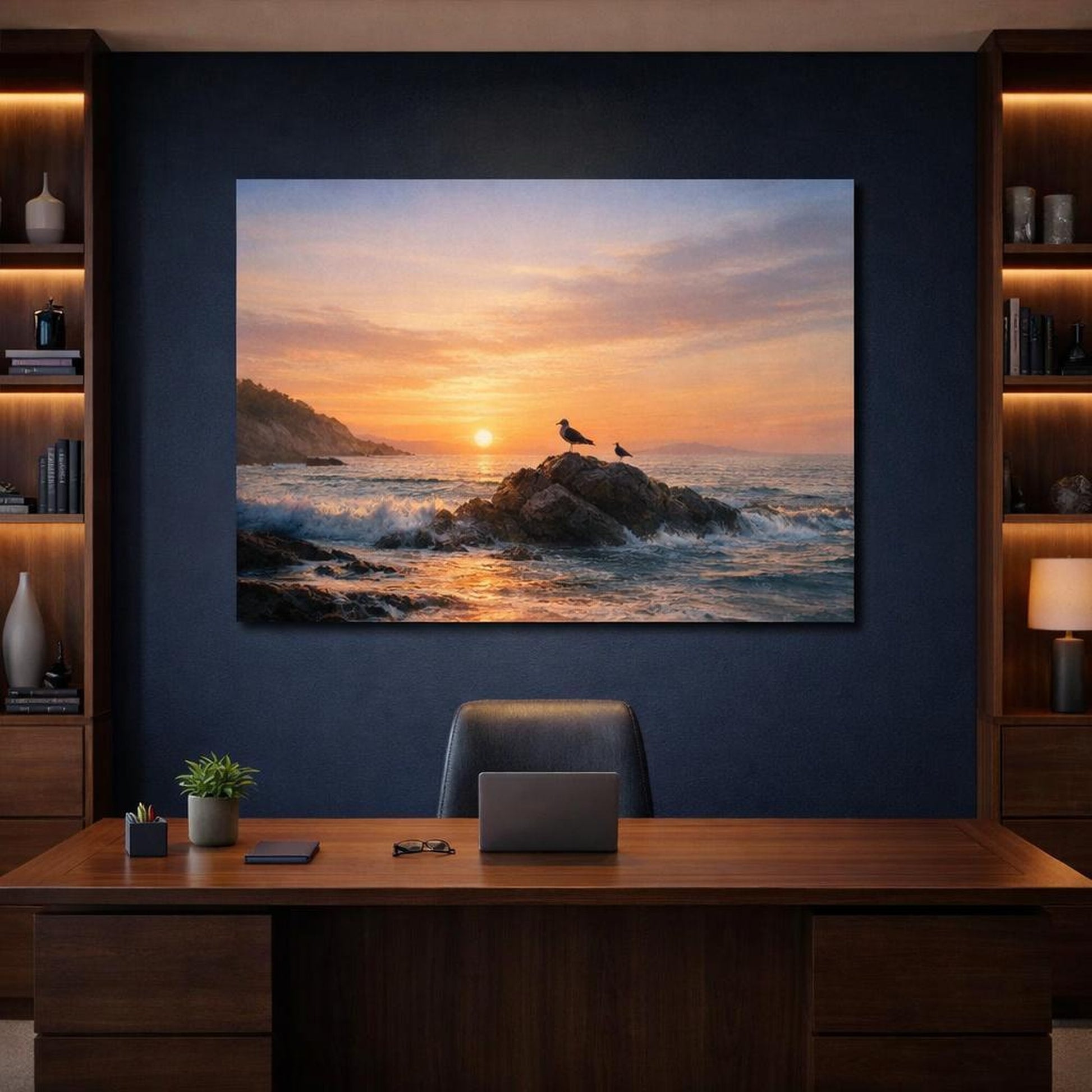 Nature Ocean Sunset shown as canvas wall art in a refined dining room