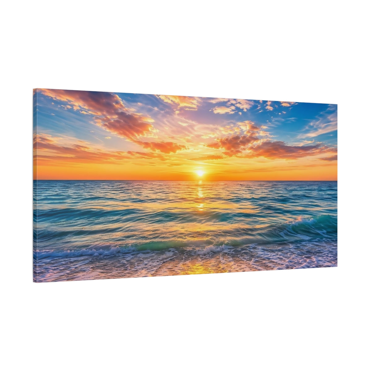 Side Mockup 2. Nature Ocean Sunset Ocean Sunset shown as stretched canvas wall art