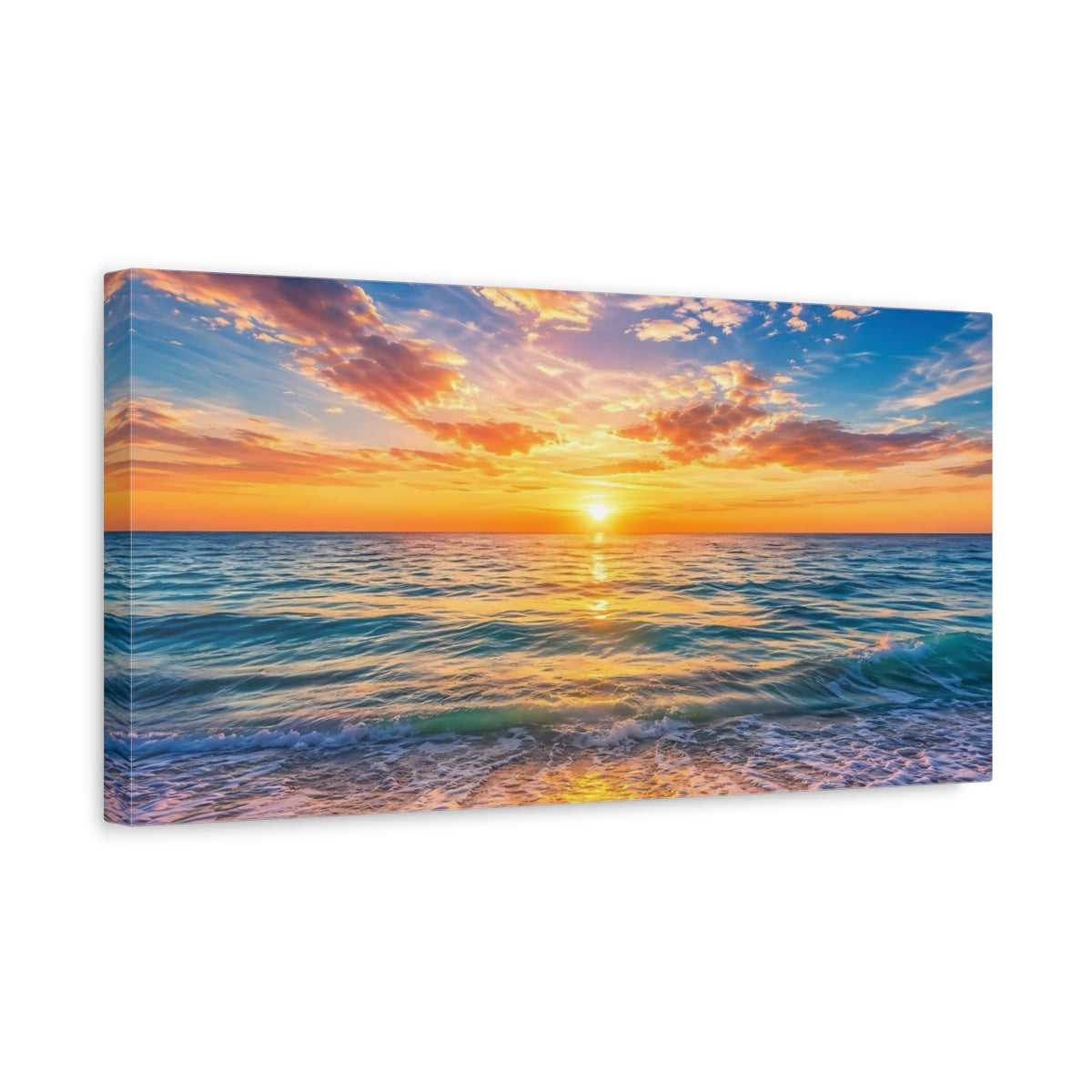 Side Mockup 3. Nature Ocean Sunset Ocean Sunset shown as stretched canvas wall art