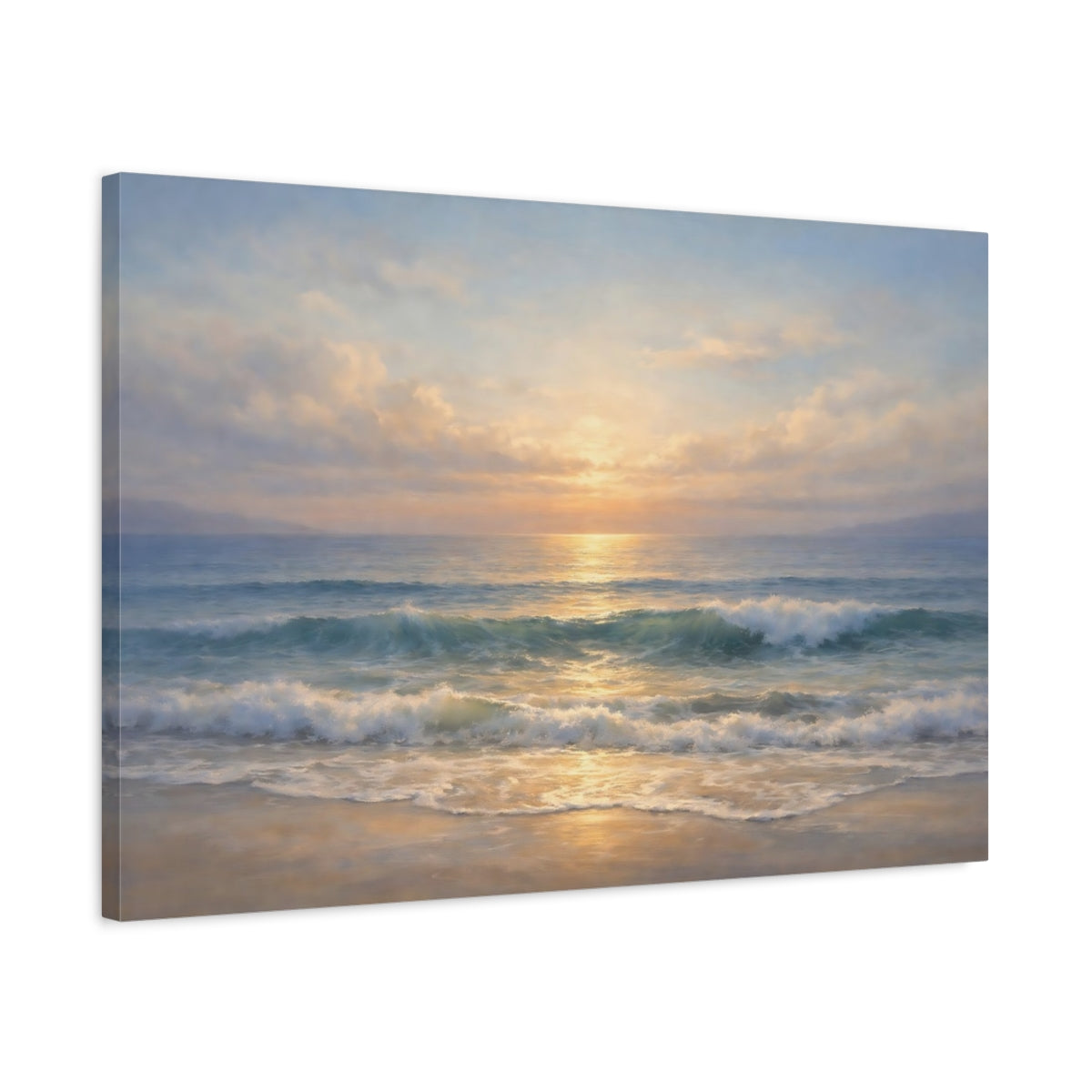 Side Mockup 2. Nature Ocean Sunset Ocean Sunset shown as stretched canvas wall art