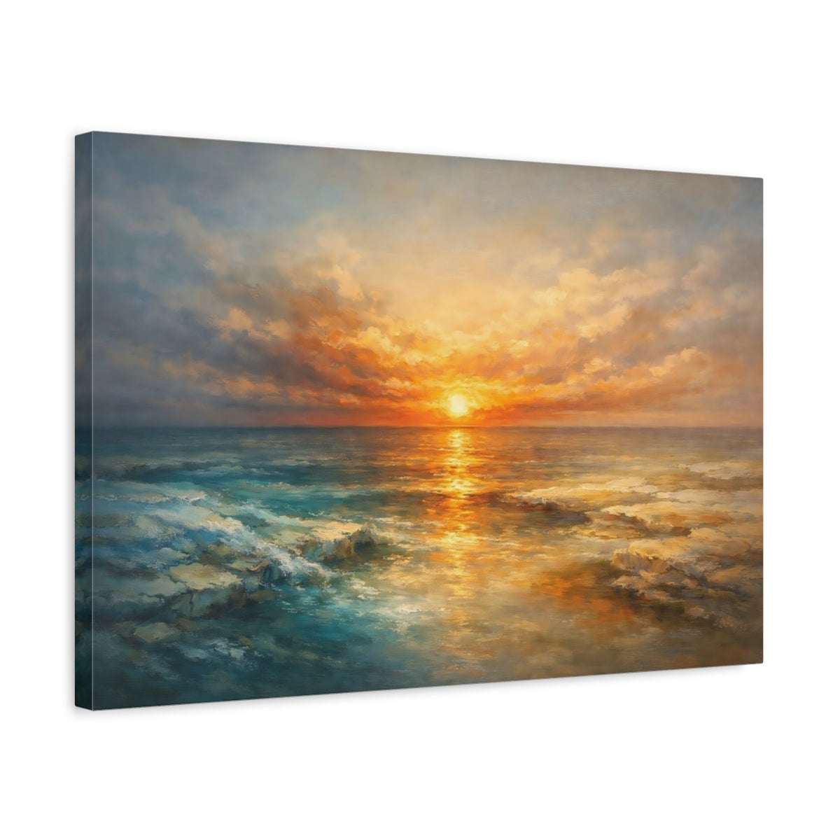 Side Mockup 3. Nature Ocean Sunset Sunset Ocean Gold shown as stretched canvas wall art
