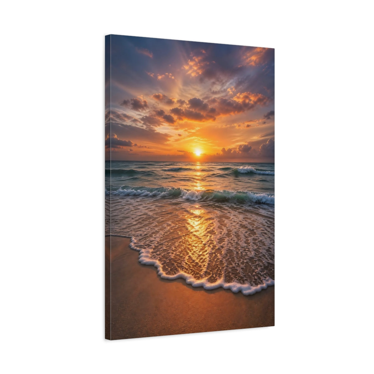 Side Mockup 2. Nature Ocean Sunset Golden Sunset Beach shown as stretched canvas wall art