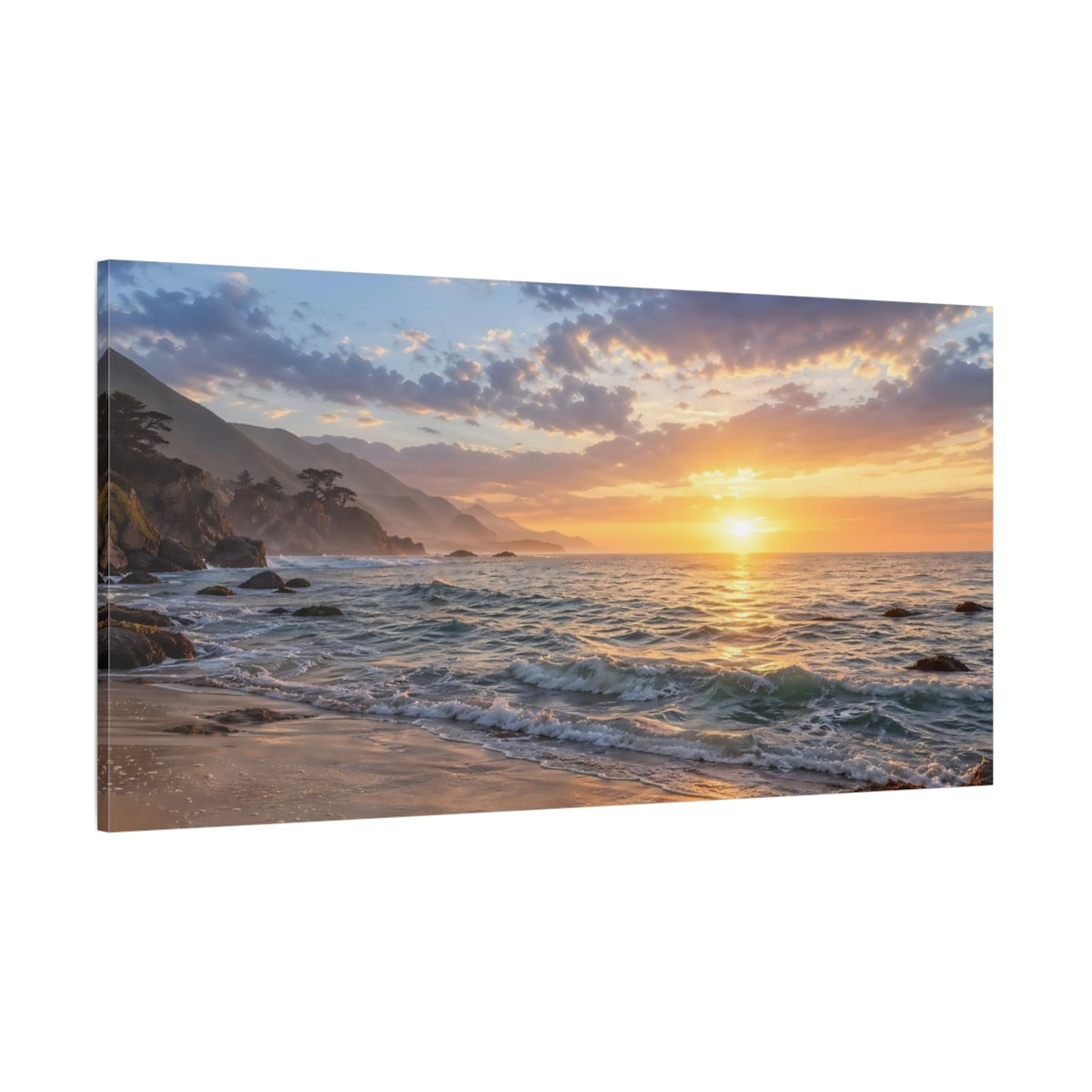 Side Mockup 2. Nature Ocean Sunset Golden Sunset Beach shown as stretched canvas wall art