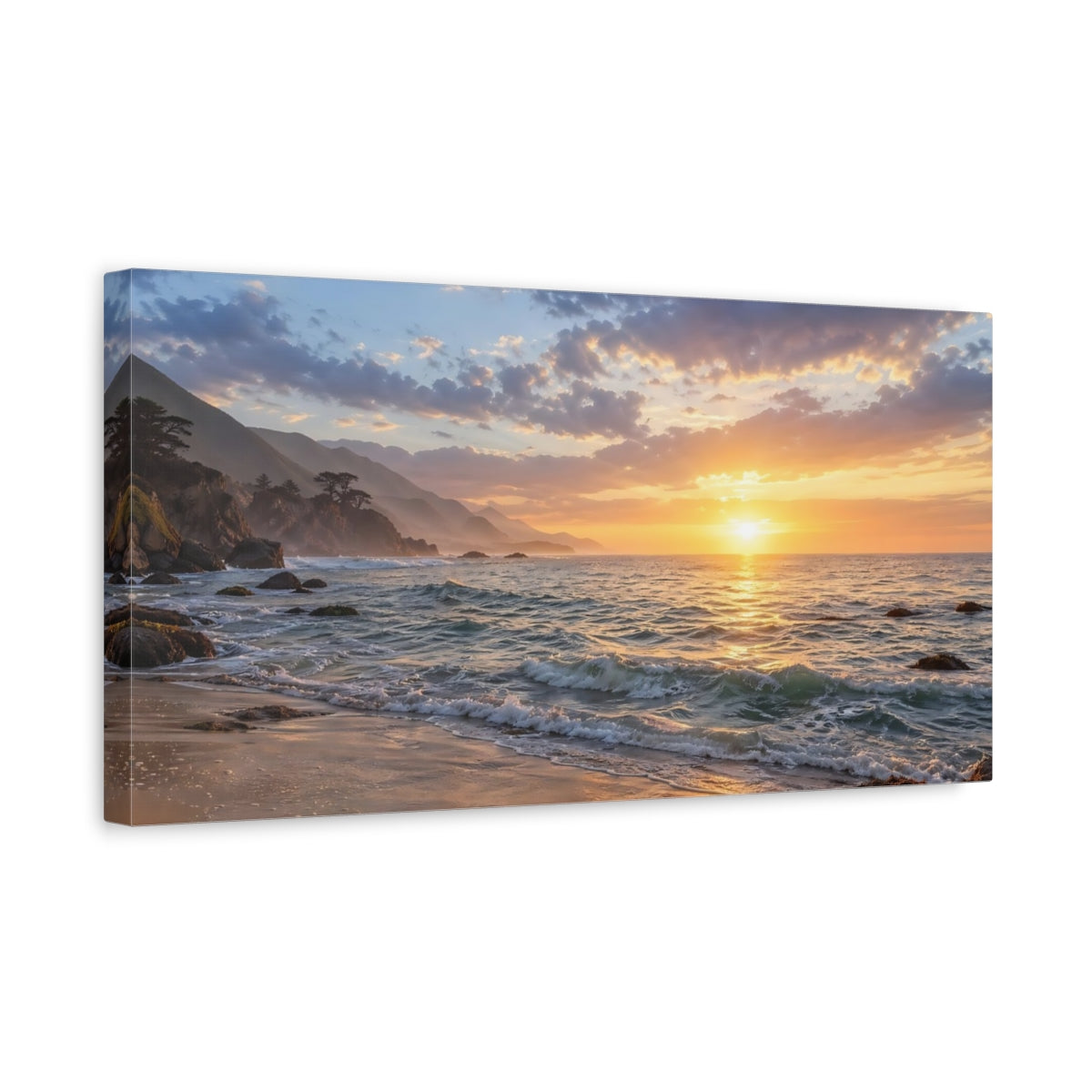 Side Mockup 3. Nature Ocean Sunset Golden Sunset Beach shown as stretched canvas wall art