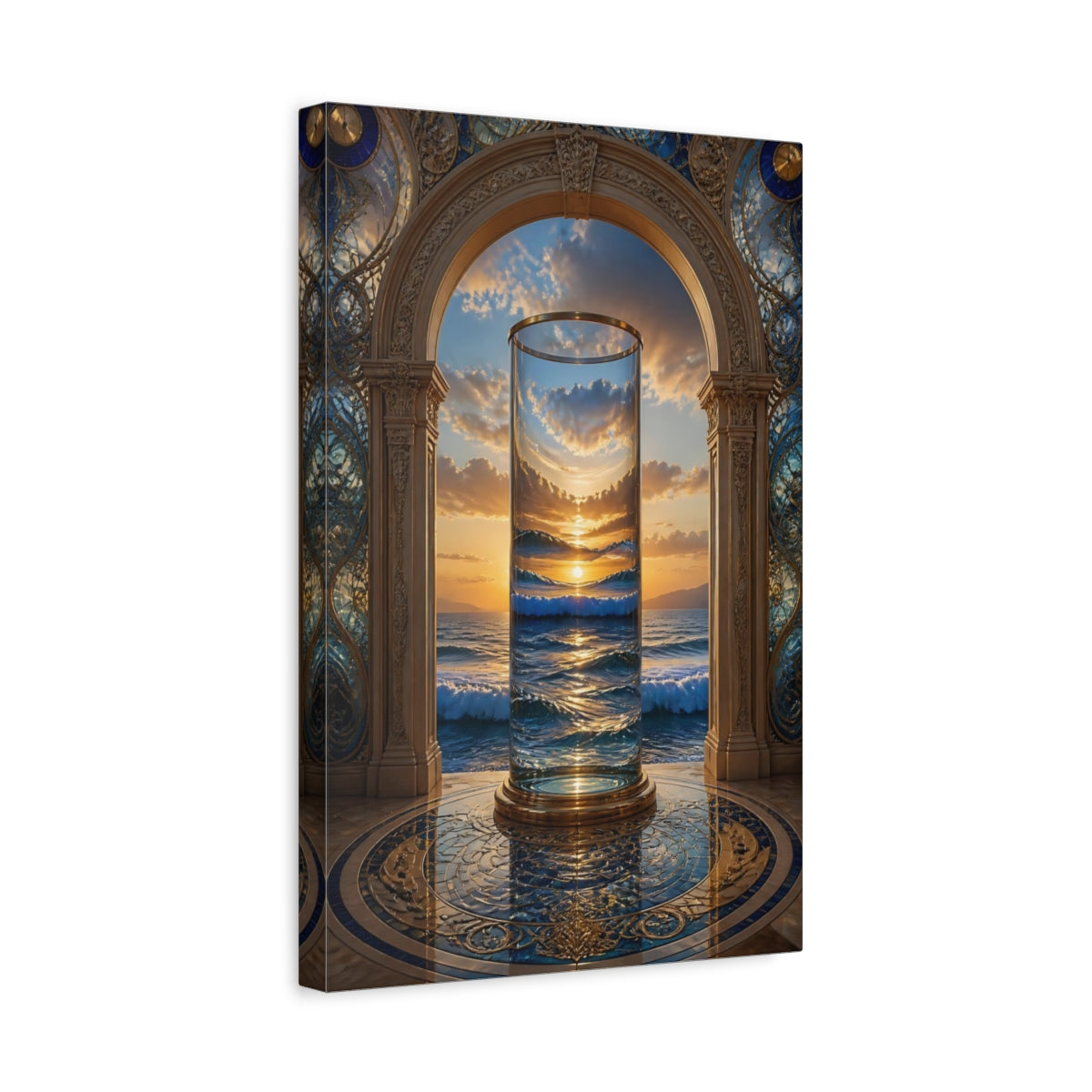 Side Mockup 4. Nature Ocean Sunset Golden Ocean Sunset shown as stretched canvas wall art