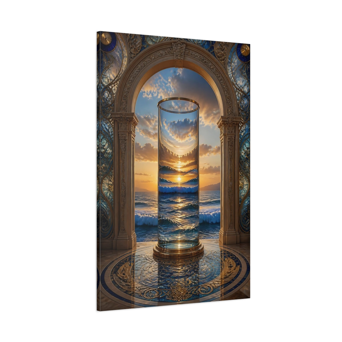 Side Mockup 1. Nature Ocean Sunset Golden Ocean Sunset shown as stretched canvas wall art