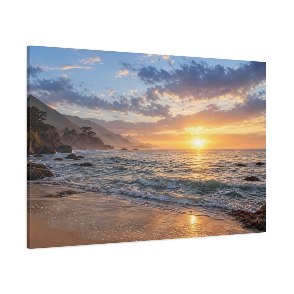 Side Mockup 1. Nature Ocean Sunset Golden Sunset shown as stretched canvas wall art