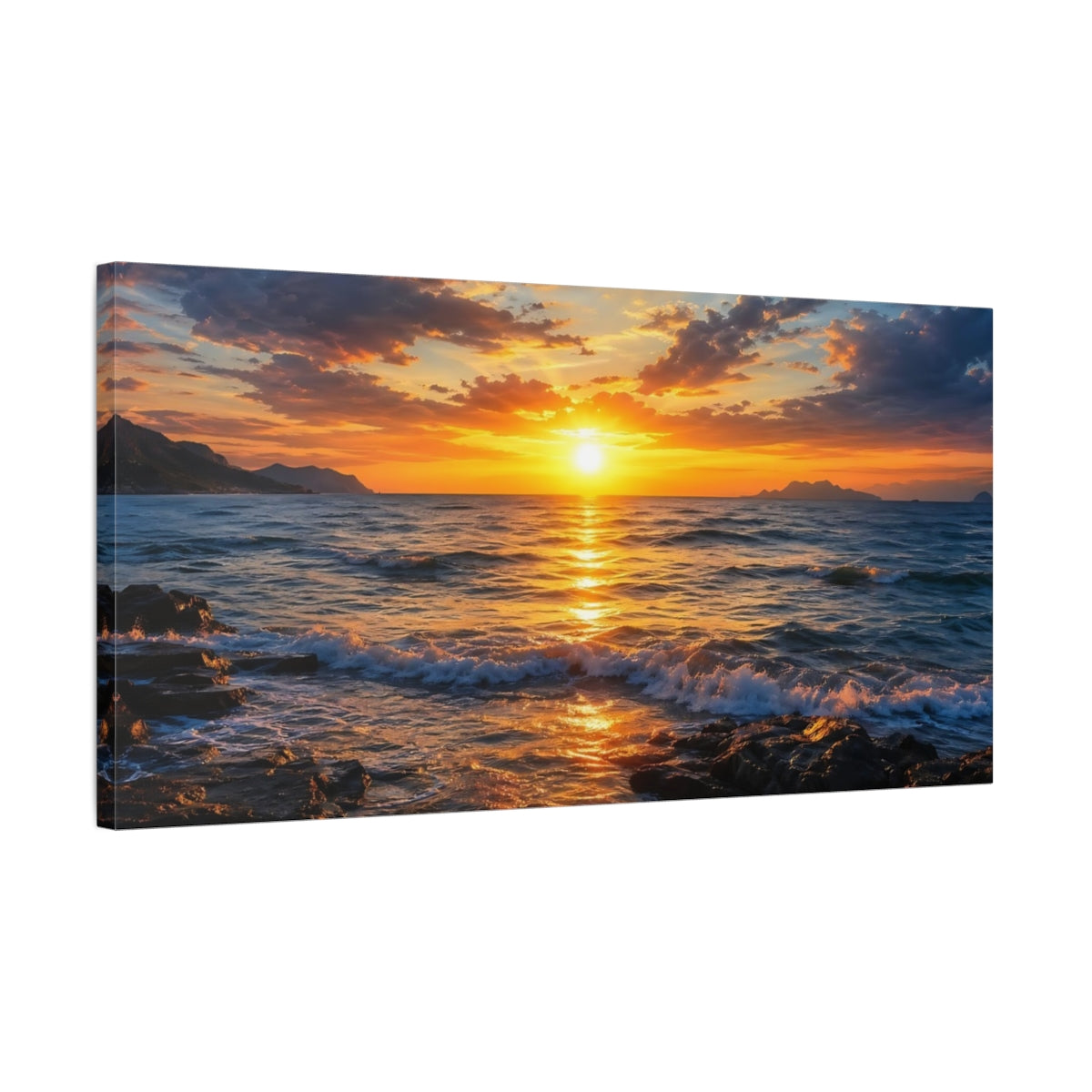 Side Mockup 1. Nature Ocean Sunset Golden Sunset shown as stretched canvas wall art