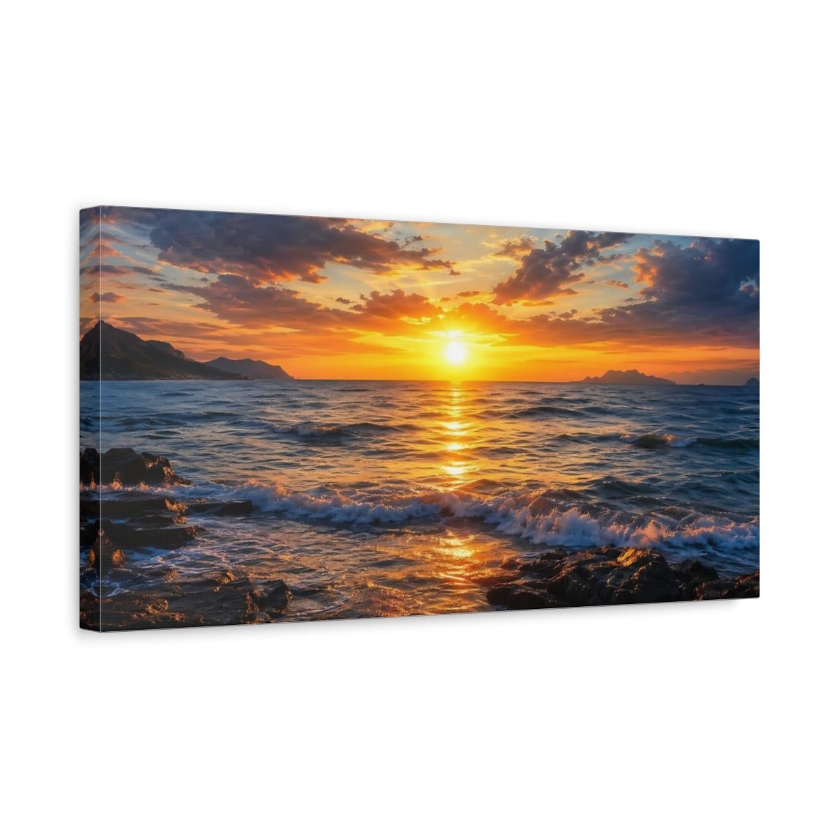 Side Mockup 3. Nature Ocean Sunset Golden Sunset shown as stretched canvas wall art