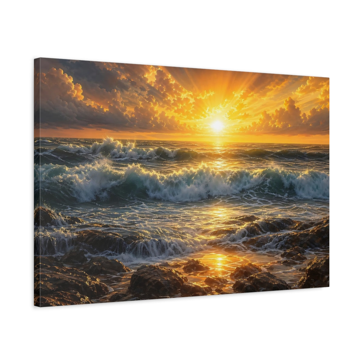 Side Mockup 2. Nature Ocean Sunset Golden Ocean Sunset shown as stretched canvas wall art