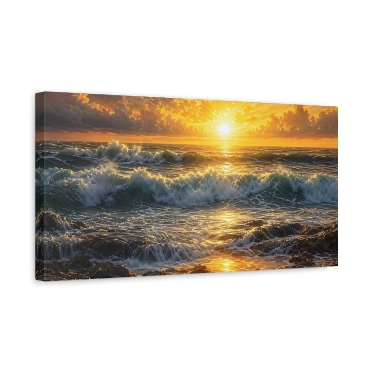 Side Mockup 3. Nature Ocean Sunset Golden Ocean Sunset shown as stretched canvas wall art