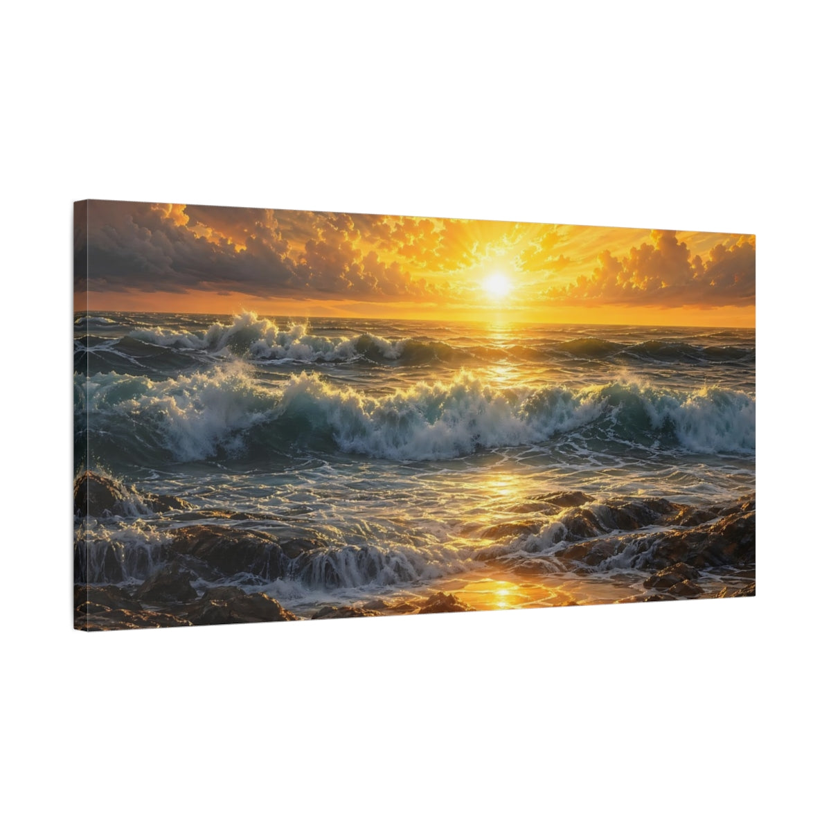 Side Mockup 1. Nature Ocean Sunset Golden Ocean Sunset shown as stretched canvas wall art