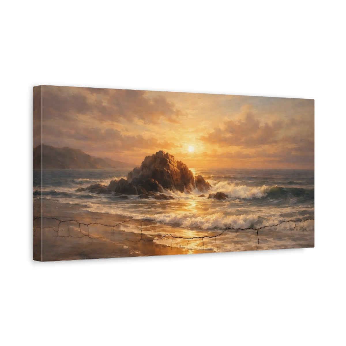Side Mockup 3. Nature Ocean Sunset Golden Ocean Sunset shown as stretched canvas wall art