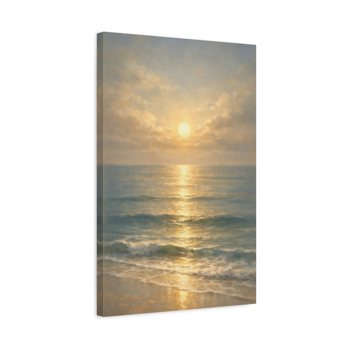 Side Mockup 3. Nature Ocean Sunset Golden Ocean Sunset shown as stretched canvas wall art