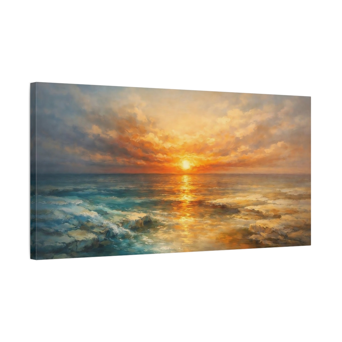 Side Mockup 2. Nature Ocean Sunset Golden Ocean Sunset shown as stretched canvas wall art