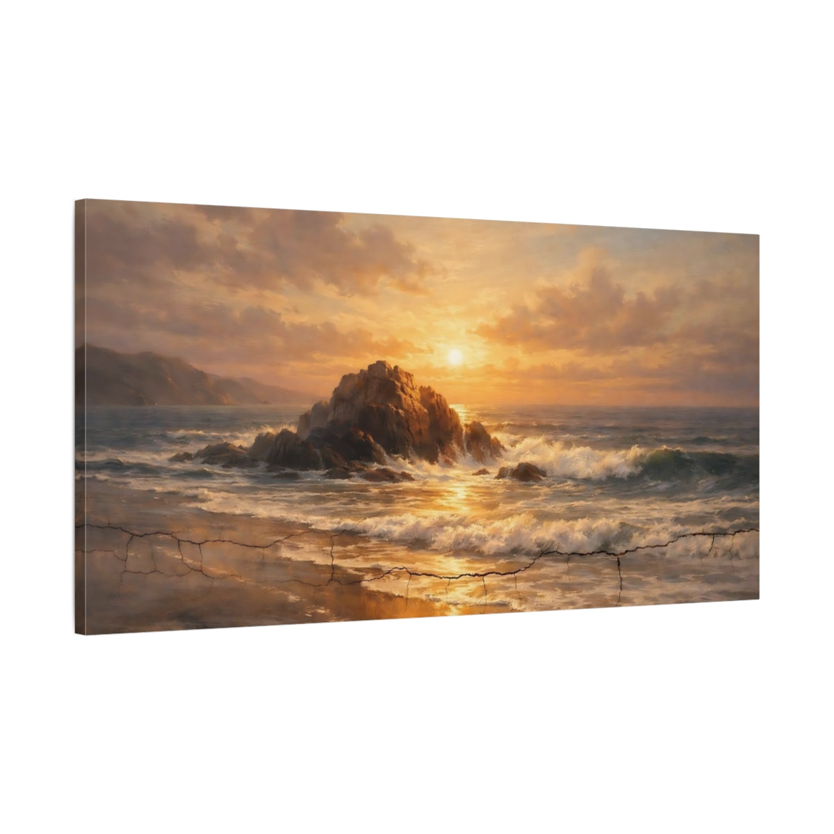 Side Mockup 1. Nature Ocean Sunset Golden Ocean Sunset shown as stretched canvas wall art
