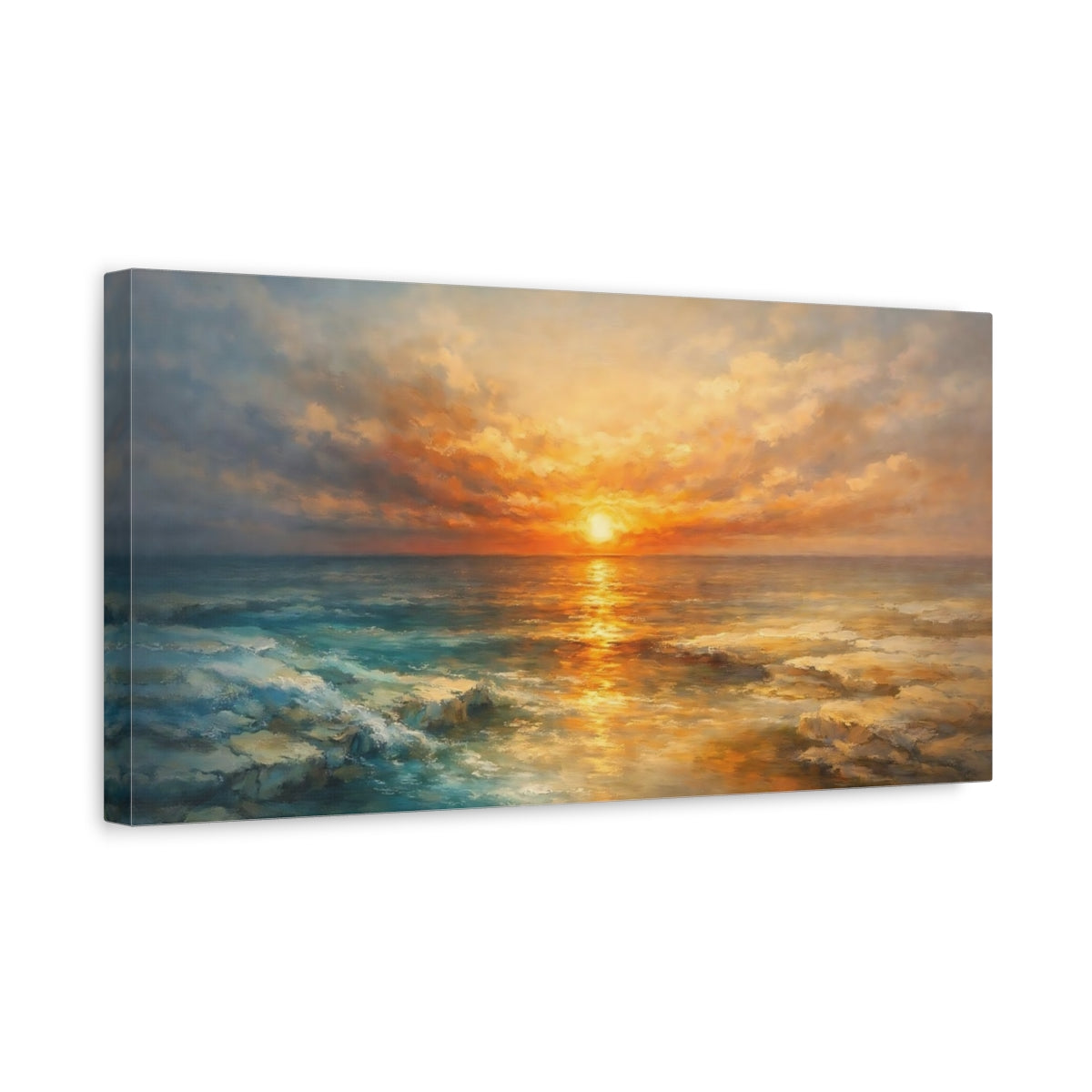 Side Mockup 3. Nature Ocean Sunset Golden Ocean Sunset shown as stretched canvas wall art
