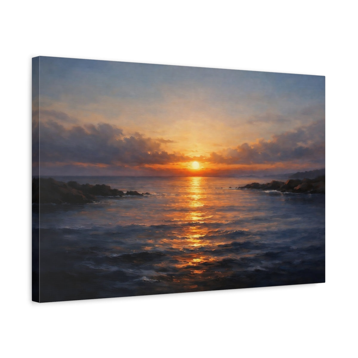 Side Mockup 3. Nature Ocean Sunset Golden Ocean Sunset shown as stretched canvas wall art