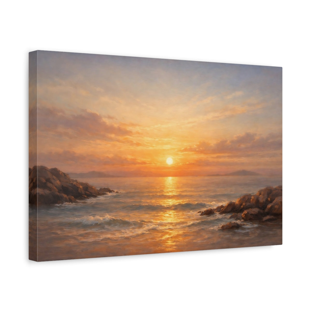 Side Mockup 4. Nature Ocean Sunset Golden Ocean Sunset shown as stretched canvas wall art