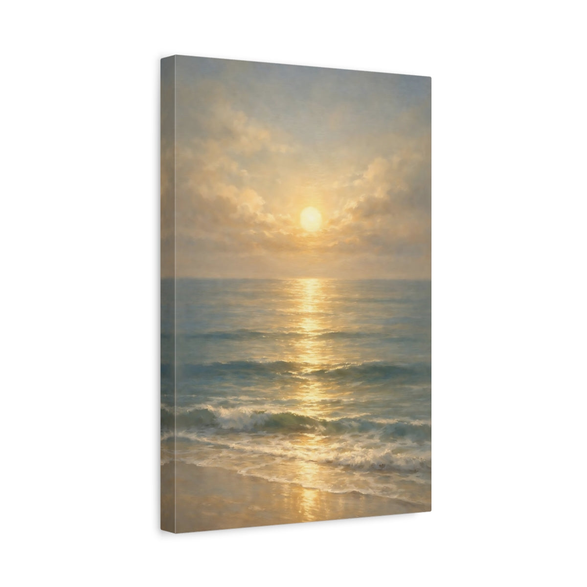 Side Mockup 4. Nature Ocean Sunset Golden Ocean Sunset shown as stretched canvas wall art