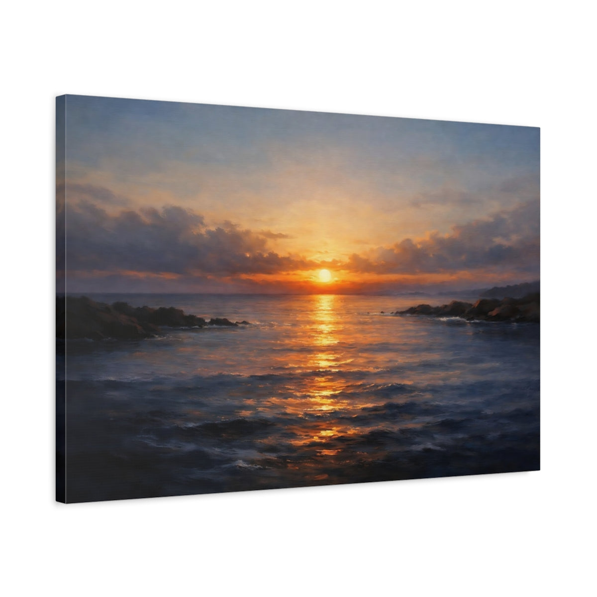 Side Mockup 2. Nature Ocean Sunset Golden Ocean Sunset shown as stretched canvas wall art