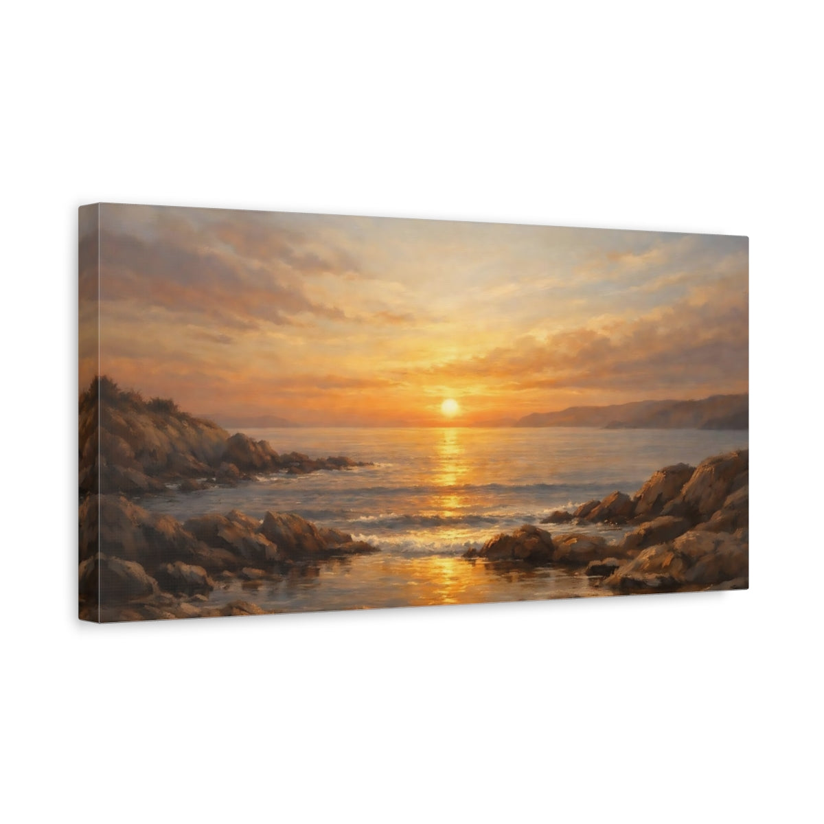 Side Mockup 3. Nature Ocean Sunset Golden Ocean Sunset shown as stretched canvas wall art