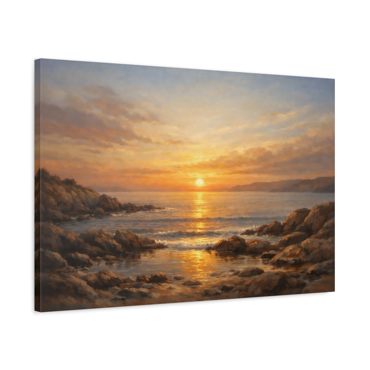 Side Mockup 2. Nature Ocean Sunset Golden Ocean Sunset shown as stretched canvas wall art