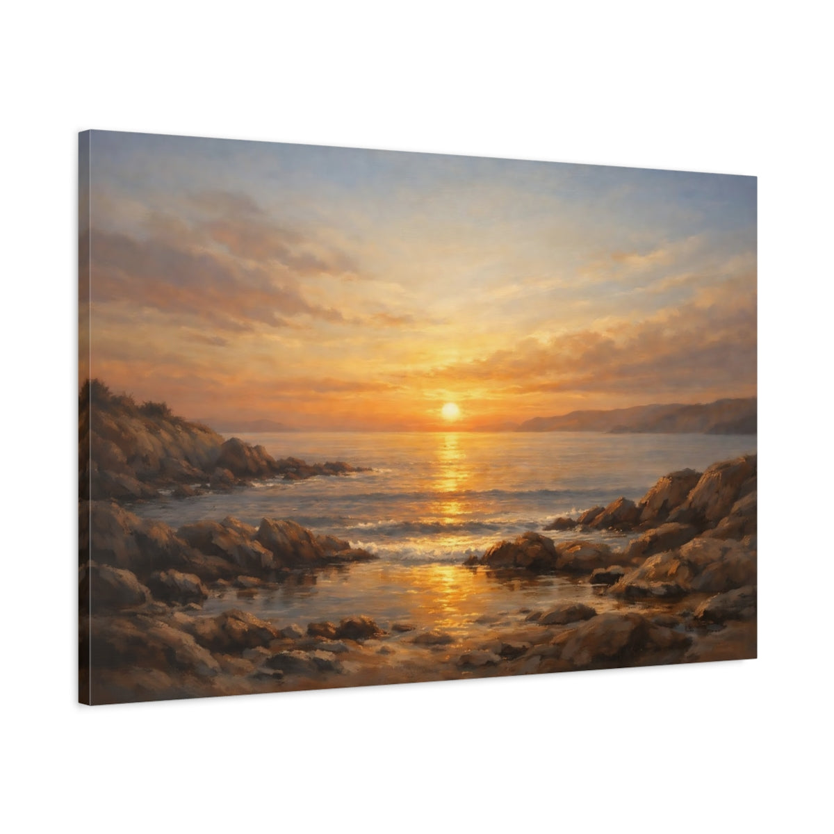Side Mockup 1. Nature Ocean Sunset Golden Ocean Sunset shown as stretched canvas wall art