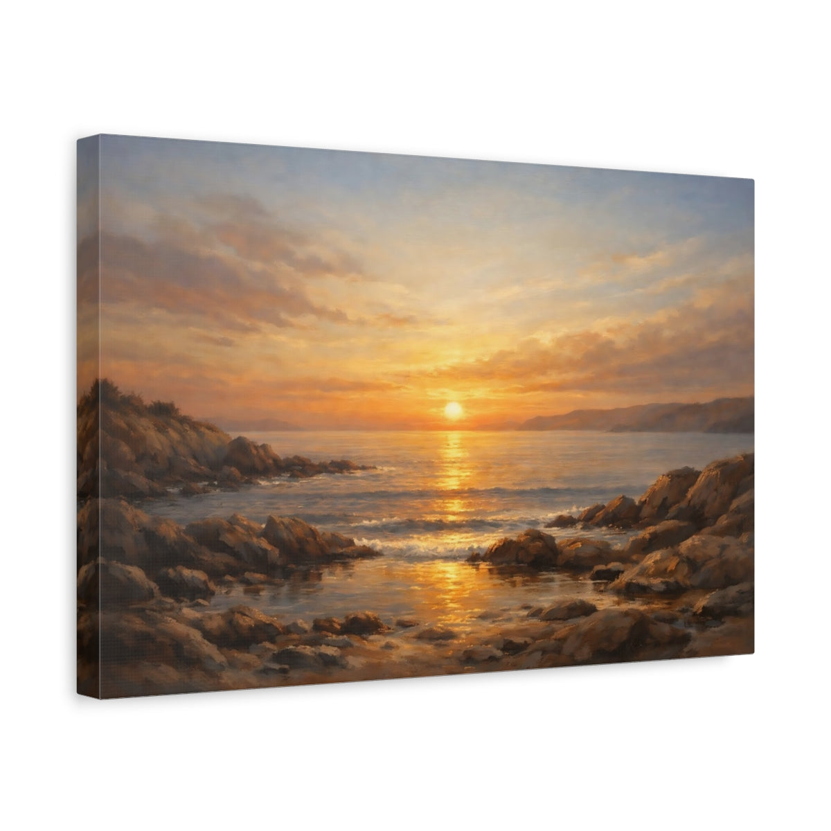 Side Mockup 4. Nature Ocean Sunset Golden Ocean Sunset shown as stretched canvas wall art