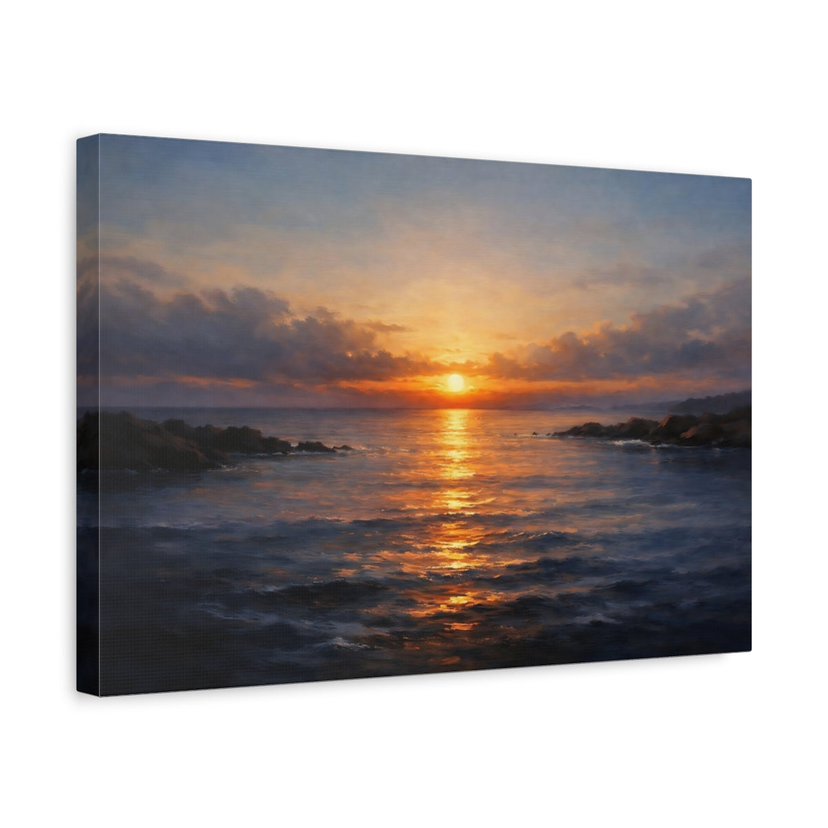 Side Mockup 4. Nature Ocean Sunset Golden Ocean Sunset shown as stretched canvas wall art